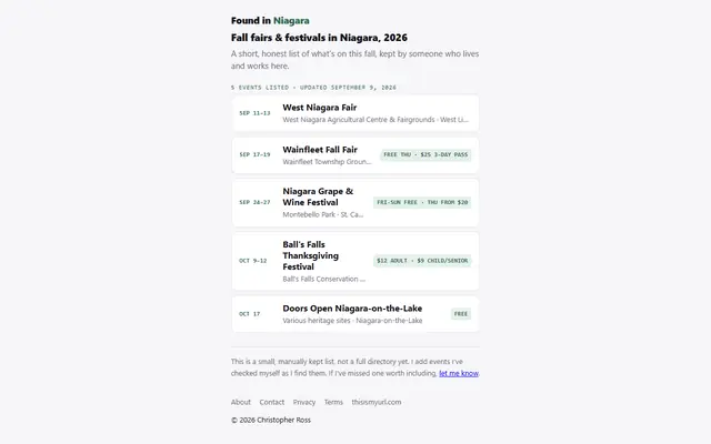 Screenshot of foundinniagara.com homepage