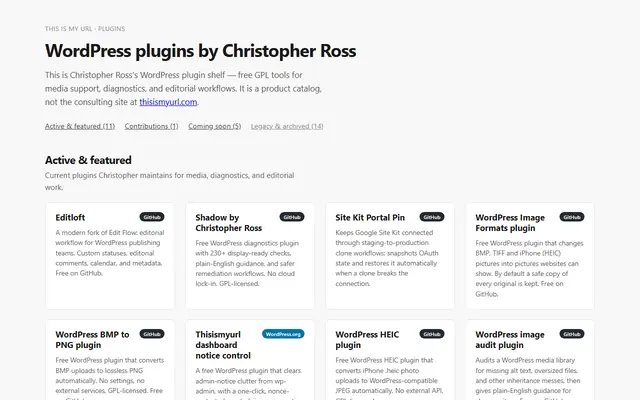 Screenshot of plugins.thisismyurl.com homepage