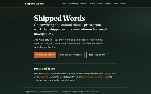 Screenshot of shippedwords.com homepage